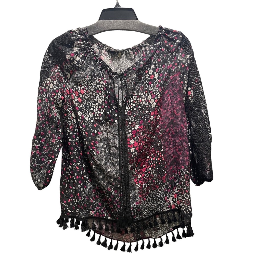 Elie Tahari Silk Blend Floral Print Tunic Boho Blouse Black Pink White